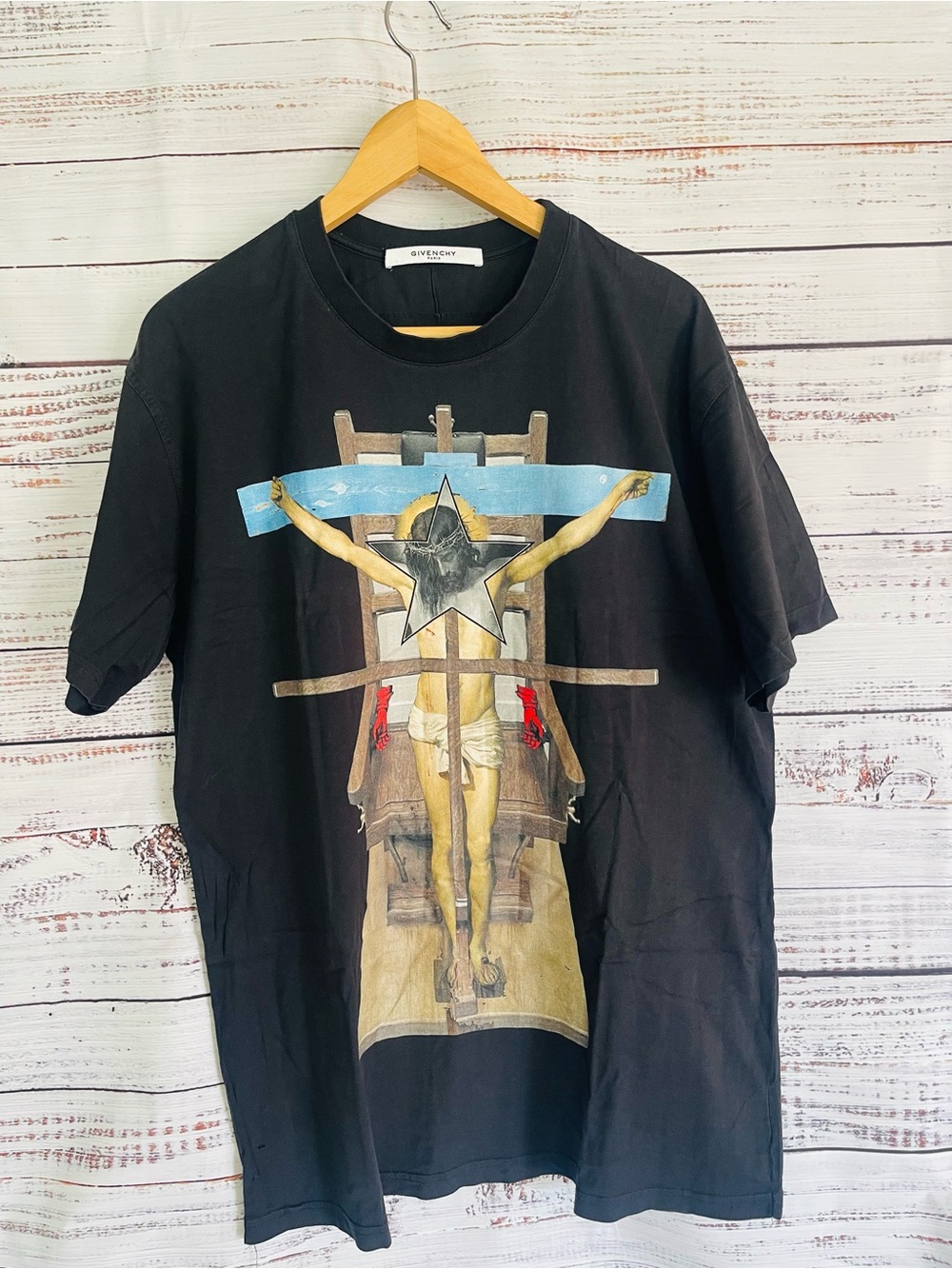 Givenchy Black Crucifix Graphic Tee with Blue Accent